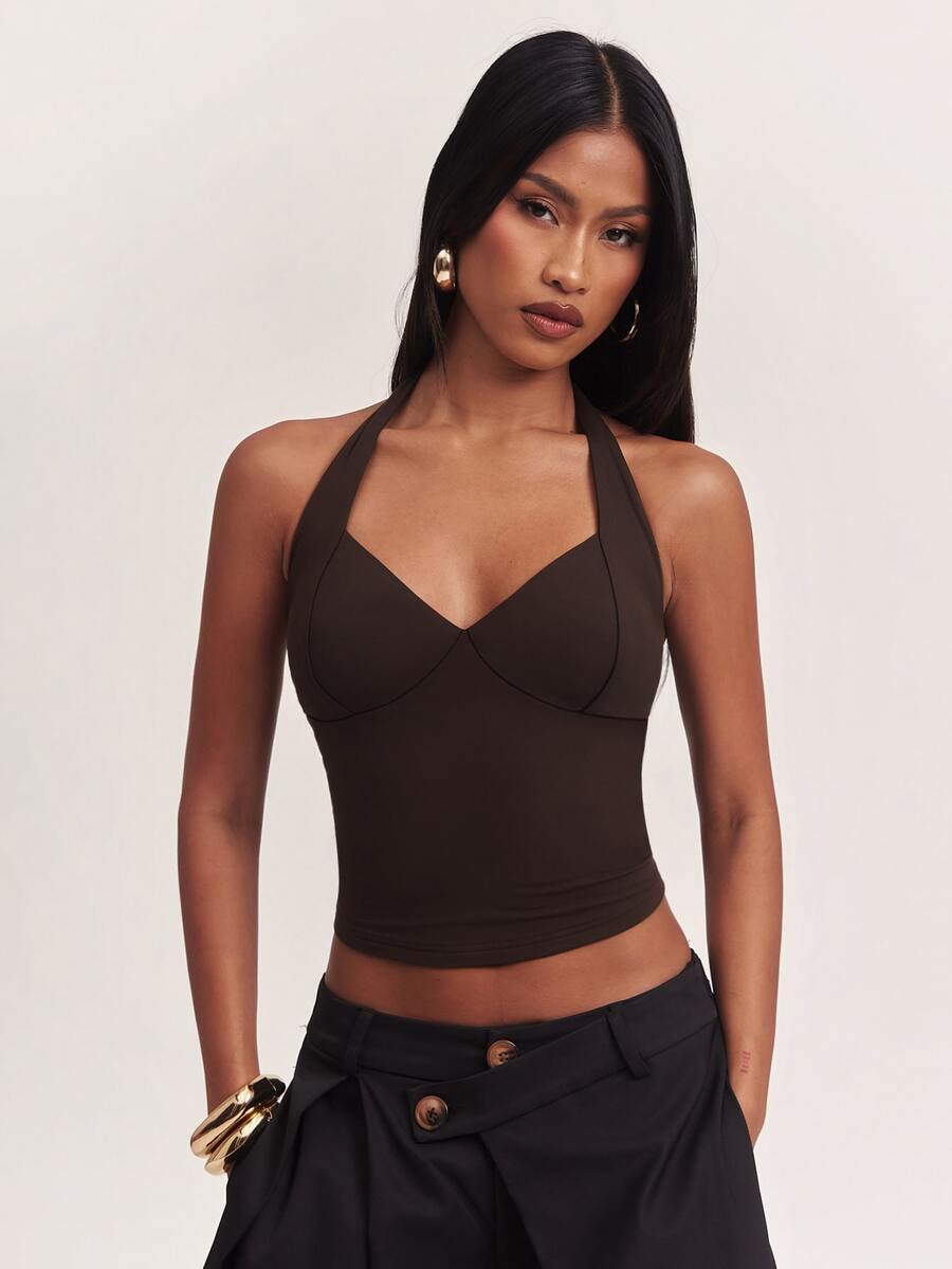 SHEIN BAE Atasan Wanita Polos Model Halter Neck, Pas Badan, Serbaguna untuk Pemakaian Sehari-hari - Coklat - View 1