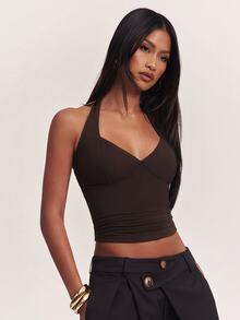 SHEIN BAE Atasan Wanita Polos Model Halter Neck, Pas Badan, Serbaguna untuk Pemakaian Sehari-hari - Coklat - View 7