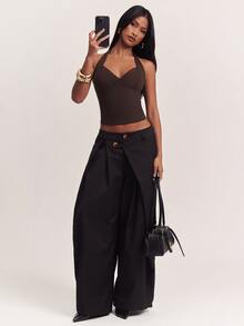 SHEIN BAE Atasan Wanita Polos Model Halter Neck, Pas Badan, Serbaguna untuk Pemakaian Sehari-hari - Coklat - View 3