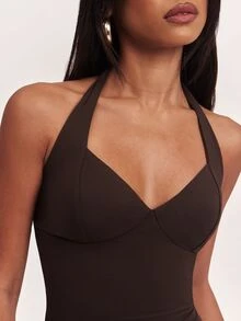 SHEIN BAE Atasan Wanita Polos Model Halter Neck, Pas Badan, Serbaguna untuk Pemakaian Sehari-hari - Coklat - View 6