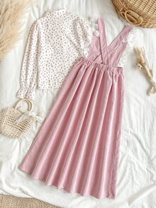 SHEIN Vintaside Kids 2件組幼女上衣連身裙，甜美粉色花卉蕾絲燈芯絨鈕扣長袖彼得潘領，生日派對秋季公主度假風A字裙 - 粉色 - 查看 2