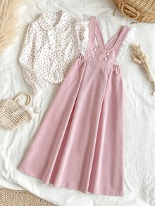 SHEIN Vintaside Kids 2件組幼女上衣連身裙，甜美粉色花卉蕾絲燈芯絨鈕扣長袖彼得潘領，生日派對秋季公主度假風A字裙 - 粉色 - 查看 9