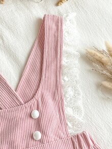 SHEIN Vintaside Kids 2件組幼女上衣連身裙，甜美粉色花卉蕾絲燈芯絨鈕扣長袖彼得潘領，生日派對秋季公主度假風A字裙 - 粉色 - 查看 6
