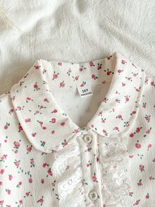 SHEIN Vintaside Kids 2件組幼女上衣連身裙，甜美粉色花卉蕾絲燈芯絨鈕扣長袖彼得潘領，生日派對秋季公主度假風A字裙 - 粉色 - 查看 4