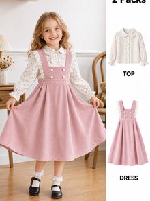 SHEIN Vintaside Kids 2件組幼女上衣連身裙，甜美粉色花卉蕾絲燈芯絨鈕扣長袖彼得潘領，生日派對秋季公主度假風A字裙 - 粉色 - 查看 1
