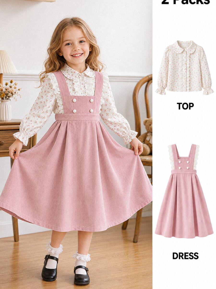 SHEIN Vintaside Kids 2件組幼女上衣連身裙,甜美粉色花卉蕾絲燈芯絨鈕扣長袖彼得潘領,生日派對秋季公主度假風A字裙 - 粉色 - 查看 1