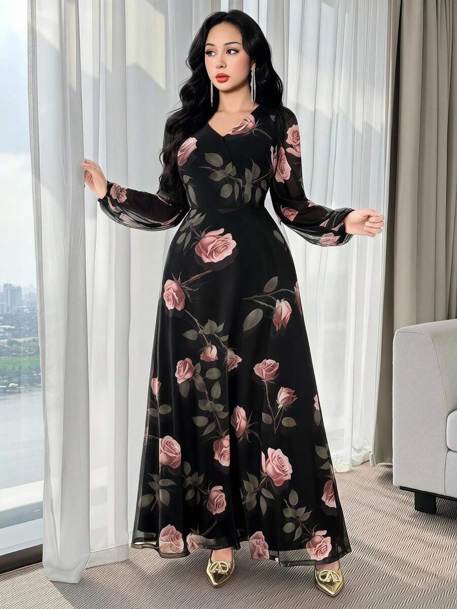 Feyla 新款玫瑰花优雅迷人优雅高端束腰女士连衣裙