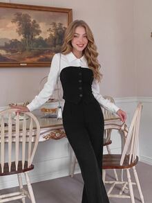 SHEIN MOD Black & White Tube Top 2 In 1 Shirt & Suit Pants Set - Black and White - View 6