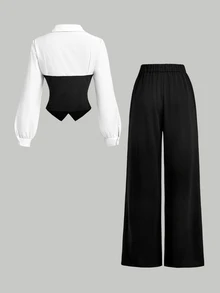 SHEIN MOD Black & White Tube Top 2 In 1 Shirt & Suit Pants Set - Black and White - View 5