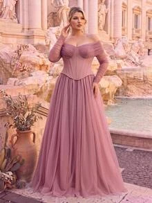 Glamrae Plus Size Elegant Dusty Rose Knitted Mesh Patchwork Off-Shoulder A-Line Maxi Dress Suitable For Prom Wedding Guest Bridesmaid Formal Evening Fall - Dusty Pink - View 6