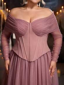 Glamrae Plus Size Elegant Dusty Rose Knitted Mesh Patchwork Off-Shoulder A-Line Maxi Dress Suitable For Prom Wedding Guest Bridesmaid Formal Evening Fall - Dusty Pink - View 9