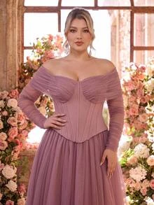 Glamrae Plus Size Elegant Dusty Rose Knitted Mesh Patchwork Off-Shoulder A-Line Maxi Dress Suitable For Prom Wedding Guest Bridesmaid Formal Evening Fall - Dusty Pink - View 8