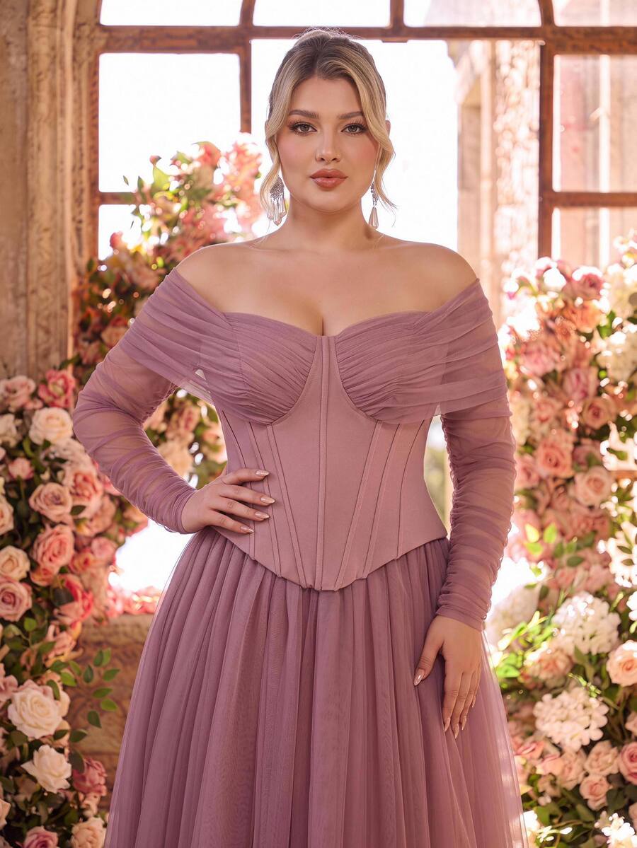 Glamrae فستان ماكسي أنيق وراقي بمقاس كبير، وردي مغبر، محبوك مع رقعات شبكية، أكتاف مكشوفة، بقصة A-Line، مناسب للحفلات الراقصة والزفاف وضيفة الزفاف ووصيفة العروس والسهرات والخريف ورأس السنة