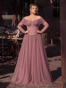 Glamrae Plus Size Elegant Dusty Rose Knitted Mesh Patchwork Off-Shoulder A-Line Maxi Dress Suitable For Prom Wedding Guest Bridesmaid Formal Evening Fall - Dusty Pink - View 2