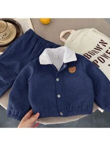 SHEIN Autumn/Winter Baby Boy Woven Solid Color Casual Jacket & Long Pants Set, Thermal Lined Thickened 2-Piece Outfit - Multicolor - View 3