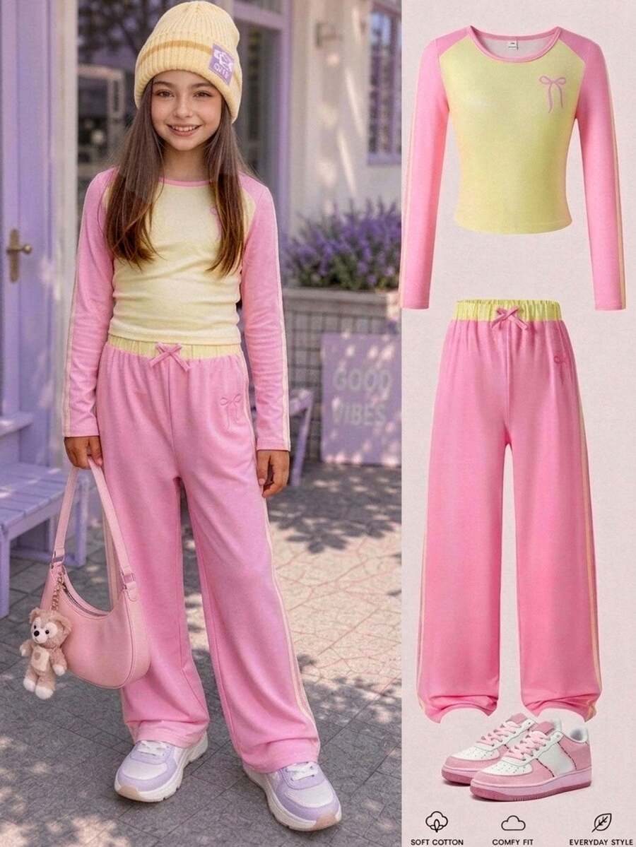 SHEIN Young Girls Yellow & Pink Contrast Bow Pattern T-Shirt + Straight Leg Long Pants 2 Pieces Set, Short Raglan Long Sleeve Top + Pink Bow Decor Wide Leg Long Pants, Spring/Autumn Casual Outfit - Multicolor - View 1