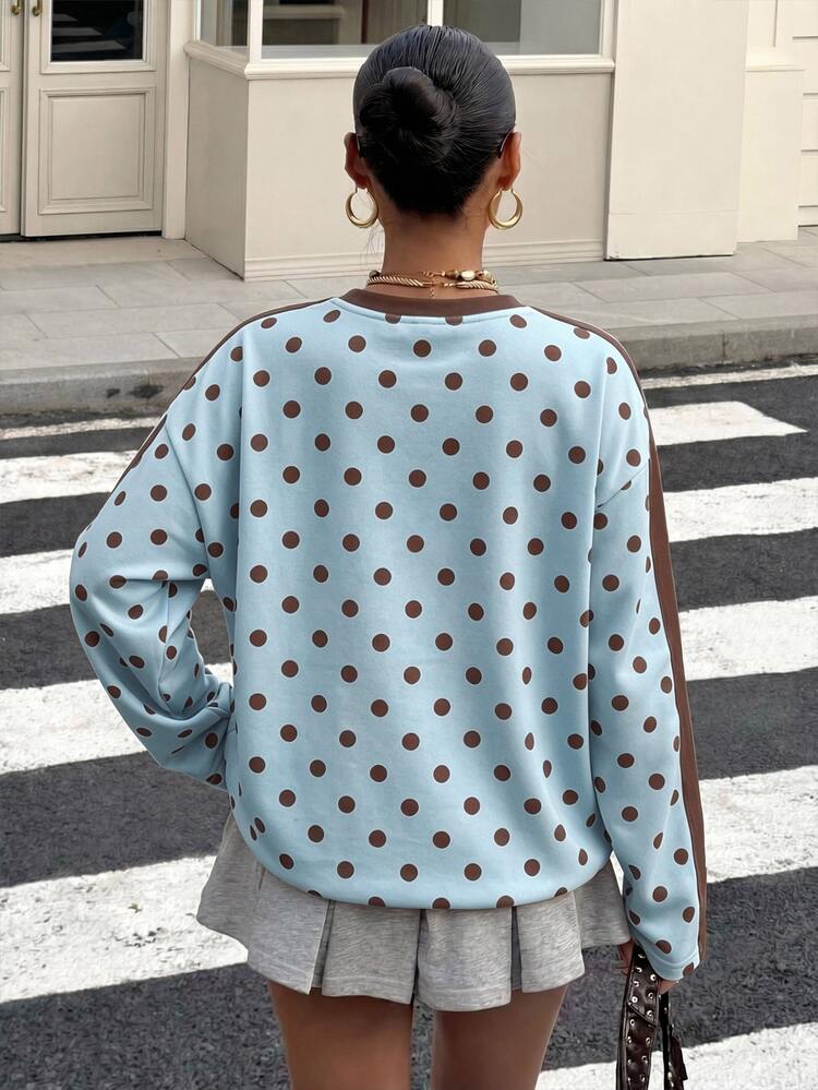 Muchica Brown And Blue Polka Dot Polka Dot Sports Colorblock Striped Print Casual 2000s Minimalist Pattern Round Neck Long Sleeve Loose Fit Top Summer Autumn - Multicolor - View 2