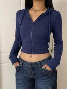 SHEIN EZwear Women's Casual Versatile Fitted Zip-Up Sweatshirt For Home And Autumn/Winter - Dusty Blue - View 5