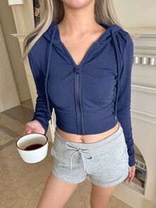 SHEIN EZwear Women's Casual Versatile Fitted Zip-Up Sweatshirt For Home And Autumn/Winter - Dusty Blue - View 2
