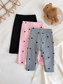 SHEIN Vintaside Kids 3件組女嬰保暖內裡內搭褲，粉色、灰色、黑色，簡約可愛休閒甜美風，小愛心印花，彈性修身長褲，冬季 - 彩色 - 查看 2