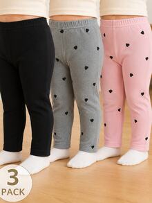 SHEIN Vintaside Kids 3件組女嬰保暖內裡內搭褲，粉色、灰色、黑色，簡約可愛休閒甜美風，小愛心印花，彈性修身長褲，冬季 - 彩色 - 查看 3
