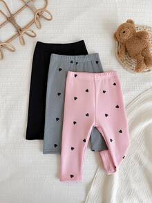 SHEIN Vintaside Kids 3件組女嬰保暖內裡內搭褲，粉色、灰色、黑色，簡約可愛休閒甜美風，小愛心印花，彈性修身長褲，冬季 - 彩色 - 查看 6