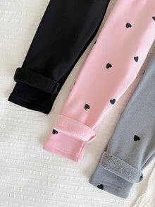 SHEIN Vintaside Kids 3件組女嬰保暖內裡內搭褲，粉色、灰色、黑色，簡約可愛休閒甜美風，小愛心印花，彈性修身長褲，冬季 - 彩色 - 查看 9