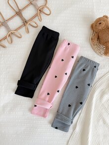 SHEIN Vintaside Kids 3件組女嬰保暖內裡內搭褲，粉色、灰色、黑色，簡約可愛休閒甜美風，小愛心印花，彈性修身長褲，冬季 - 彩色 - 查看 5