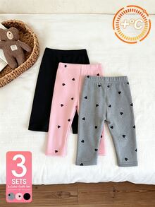 SHEIN Vintaside Kids 3件組女嬰保暖內裡內搭褲，粉色、灰色、黑色，簡約可愛休閒甜美風，小愛心印花，彈性修身長褲，冬季 - 彩色 - 查看 4
