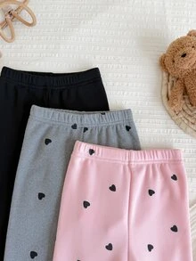 SHEIN Vintaside Kids 3件組女嬰保暖內裡內搭褲，粉色、灰色、黑色，簡約可愛休閒甜美風，小愛心印花，彈性修身長褲，冬季 - 彩色 - 查看 7