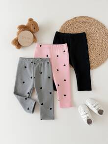 SHEIN Vintaside Kids 3件組女嬰保暖內裡內搭褲，粉色、灰色、黑色，簡約可愛休閒甜美風，小愛心印花，彈性修身長褲，冬季 - 彩色 - 查看 8