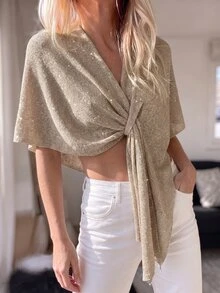 Sprig & Strand Early Autumn New Casual Elegant Solid Color Gold Thread Shiny Loose Lazy Shawl Cardigan For Women, Suitable For Vacation, Daily, Gathering, Commuting, Party, Dating - Camel - View 5