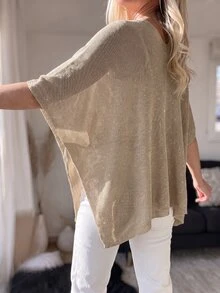 Sprig & Strand Early Autumn New Casual Elegant Solid Color Gold Thread Shiny Loose Lazy Shawl Cardigan For Women, Suitable For Vacation, Daily, Gathering, Commuting, Party, Dating - Camel - View 2