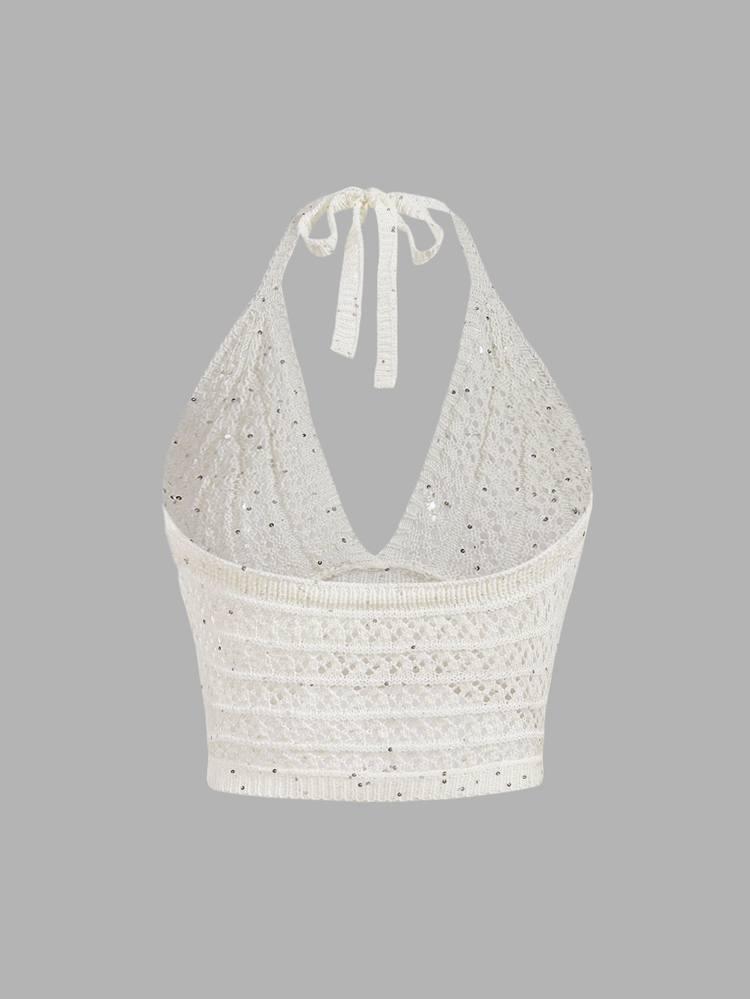 SHEIN MOD Women's Knitted Halter Top, Autumn, Vacation Outfits, Country Concert, Cowgirl, Western Tropical Boho Beach Honeymoon Cream White - Apricot - View 4