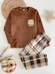 SHEIN 秋冬大童男童居家服 日系簡約法蘭絨加厚抓絨睡衣 2件套 長袖長褲，圓領拼接格紋口袋設計，寬鬆不束縛，適合戶外穿著與居家睡衣 - 咖啡棕 - 查看 2