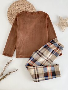 SHEIN 秋冬大童男童居家服 日系簡約法蘭絨加厚抓絨睡衣 2件套 長袖長褲，圓領拼接格紋口袋設計，寬鬆不束縛，適合戶外穿著與居家睡衣 - 咖啡棕 - 查看 3
