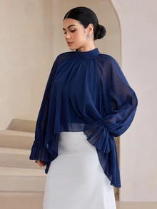 Graceveil High Neck Ruffle Puff Lantern Sleeve Loose Fit Asymmetrical Hem Shirt Dinner Office Navy Blue Autumn Elegant Modest - Navy Blue - View 5