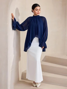 Graceveil High Neck Ruffle Puff Lantern Sleeve Loose Fit Asymmetrical Hem Shirt Dinner Office Navy Blue Autumn Elegant Modest - Navy Blue - View 7