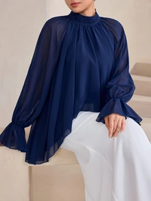 Graceveil High Neck Ruffle Puff Lantern Sleeve Loose Fit Asymmetrical Hem Shirt Dinner Office Navy Blue Autumn Elegant Modest - Navy Blue - View 4