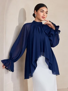 Graceveil High Neck Ruffle Puff Lantern Sleeve Loose Fit Asymmetrical Hem Shirt Dinner Office Navy Blue Autumn Elegant Modest - Navy Blue - View 6