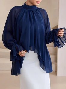 Graceveil High Neck Ruffle Puff Lantern Sleeve Loose Fit Asymmetrical Hem Shirt Dinner Office Navy Blue Autumn Elegant Modest - Navy Blue - View 3