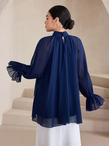 Graceveil High Neck Ruffle Puff Lantern Sleeve Loose Fit Asymmetrical Hem Shirt Dinner Office Navy Blue Autumn Elegant Modest - Navy Blue - View 2