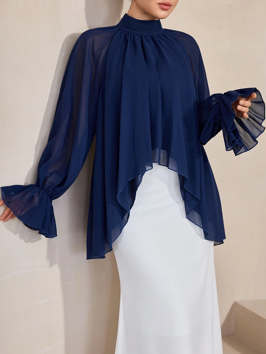 Graceveil High Neck Ruffle Puff Lantern Sleeve Loose Fit Asymmetrical Hem Shirt Dinner Office Navy Blue Autumn Elegant Modest - Navy Blue - View 1