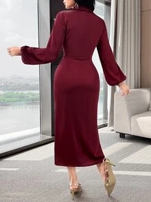 Feyla New V-Neck Long Sleeve Ruched Cinched Waist Elegant Burgundy Party Dress - Burgundy - View 7