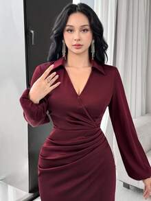 Feyla New V-Neck Long Sleeve Ruched Cinched Waist Elegant Burgundy Party Dress - Burgundy - View 2