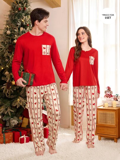 CoupledUp Conjunto de pijama para mujer con pantalones de manga larga, bolsillo con parche y estampado navideño casual