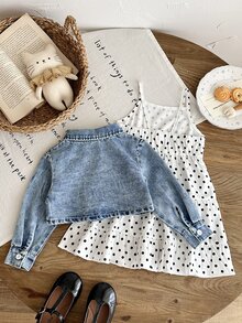 SHEIN 2pcs/Set Girls Dress Vintage Cute Family Matching Washed Short Collar Jacket Aqua Blue Black And White Polka Dot Back To School Photoshoot Christening - Blue - View 3