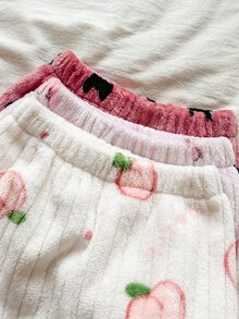 SHEIN 女嬰 3 件組毛絨褲子套裝，可愛桃色花卉蝴蝶結印花蓬鬆抓絨羅紋長褲，新生兒嬰兒幼兒保暖冬季下身褲 - 彩色 - 查看 8