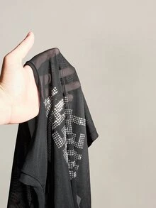 SHEIN ICON Y2k 夏季黑色网纱透视性感水钻亮片女士水钻字母网纱露背紧身吊带背心 - 黑色 - 查看 14