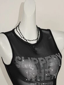 SHEIN ICON Y2k 夏季黑色网纱透视性感水钻亮片女士水钻字母网纱露背紧身吊带背心 - 黑色 - 查看 12